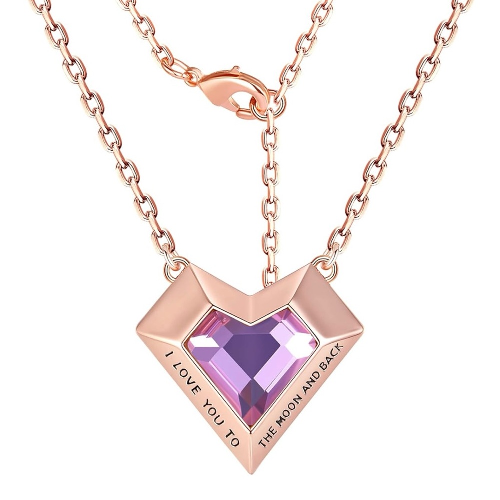 Rose Gold Pink Crystal Heart Pendant Necklace - October Birthstone